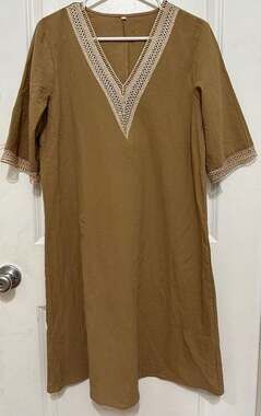 Women's Brown Casual Cotton Linen Blend V-Neck Shift Dress size L